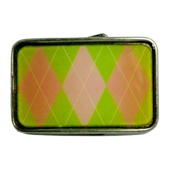Vintage Metal Belt Buckle Green Pink Argyle New Old Stock Canada - Picture 1 of 3